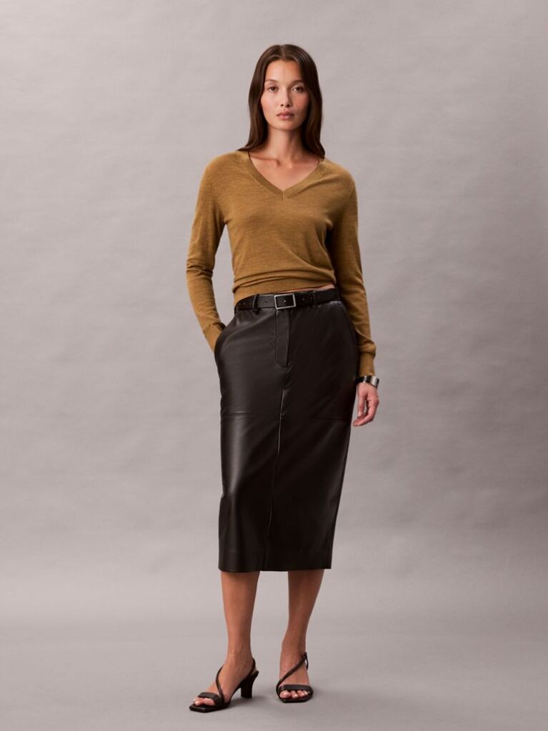 Black Faux Leather Midi Skirt  Women