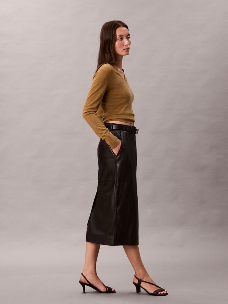 Black Faux Leather Midi Skirt  Women