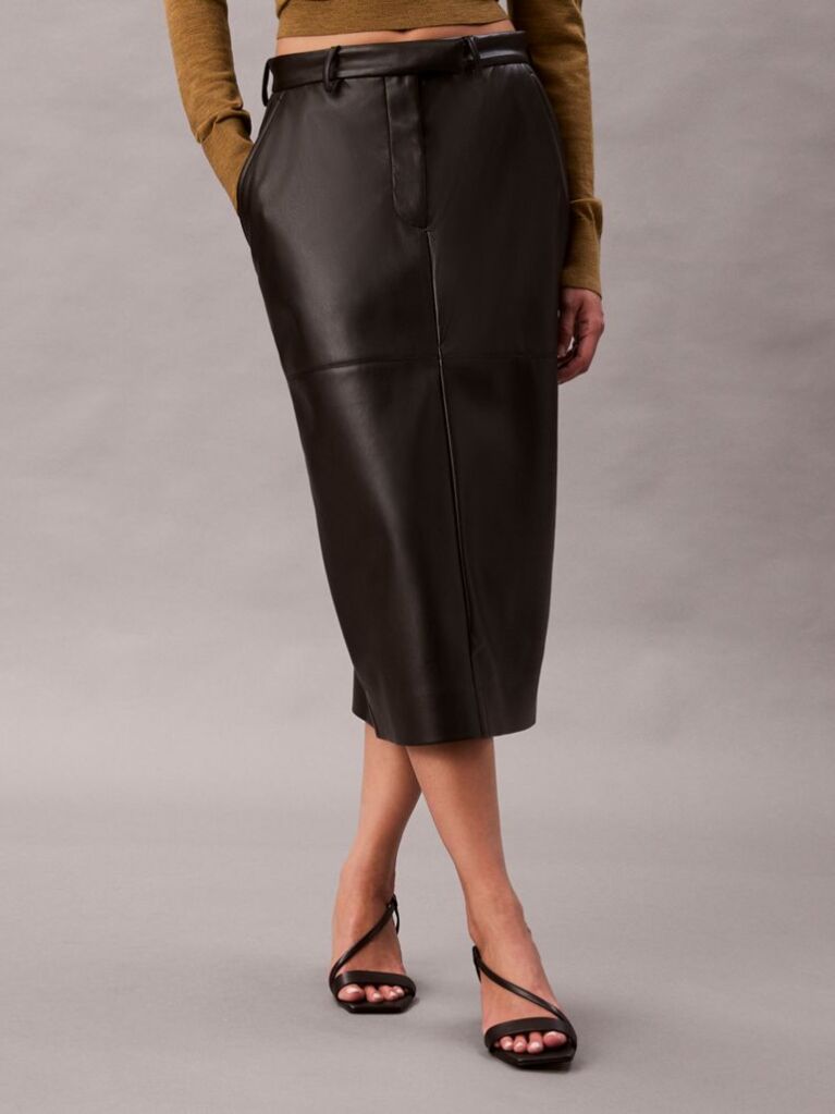 Black Faux Leather Midi Skirt  Women