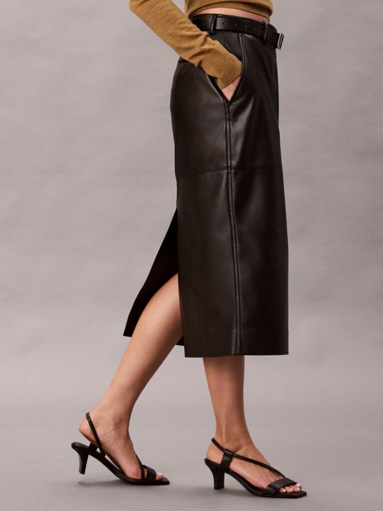 Black Faux Leather Midi Skirt  Women