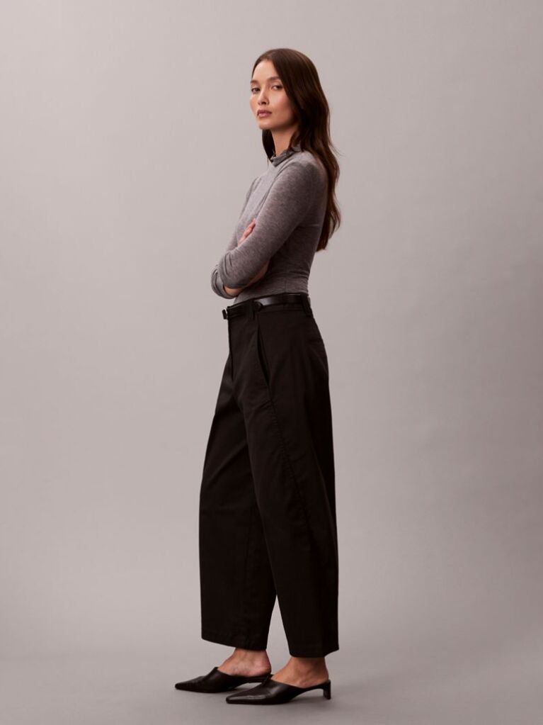 Black Cotton Stretch Twill Barrel Trousers  Women