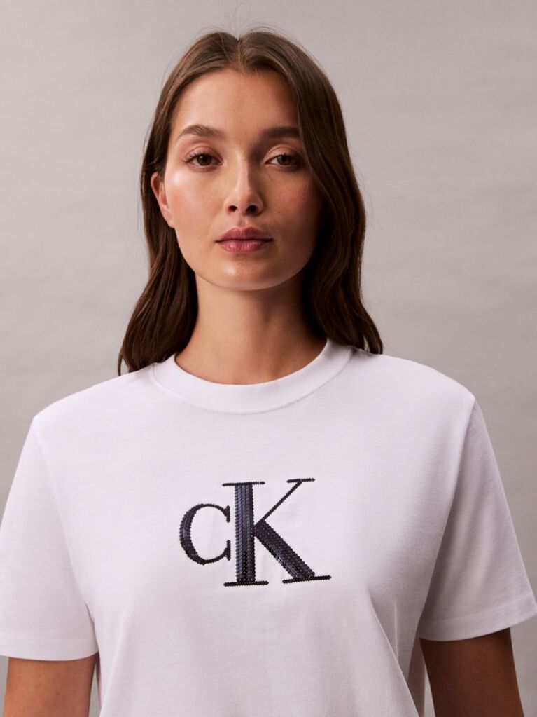Λευκό Κλάσικό T-Shirt Με Μονόγραμμα Και Παγιέτες  Γυναίκα