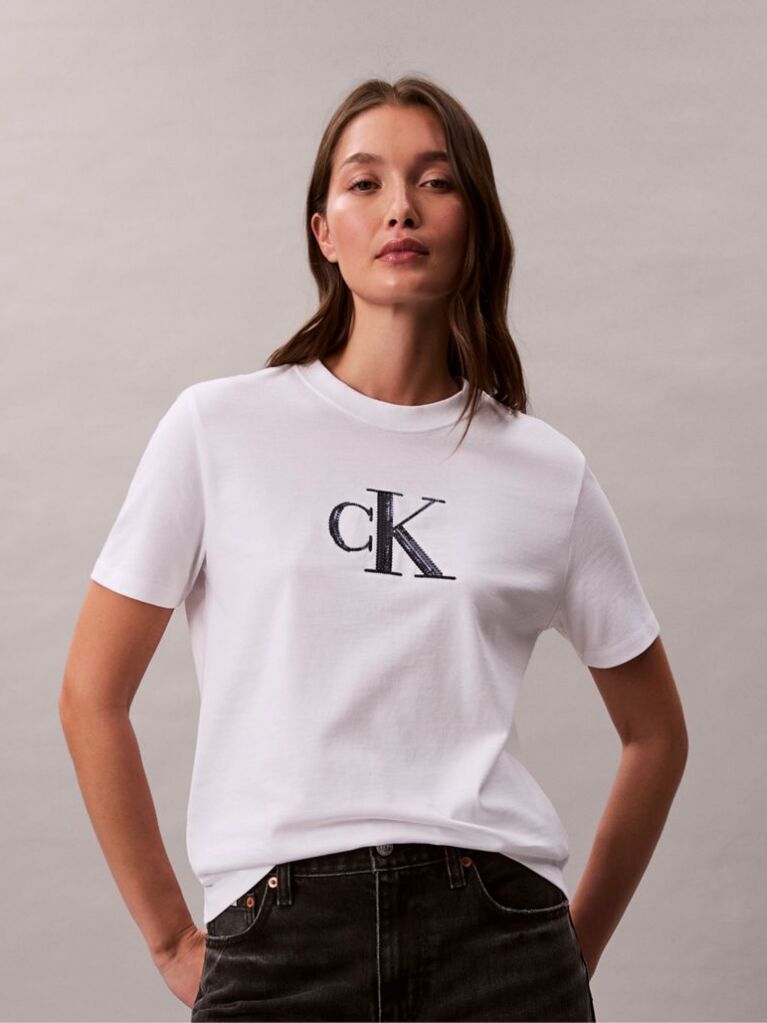 Λευκό Κλάσικό T-Shirt Με Μονόγραμμα Και Παγιέτες  Γυναίκα