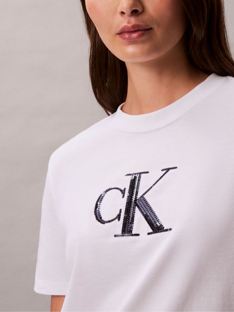 Λευκό Κλάσικό T-Shirt Με Μονόγραμμα Και Παγιέτες  Γυναίκα