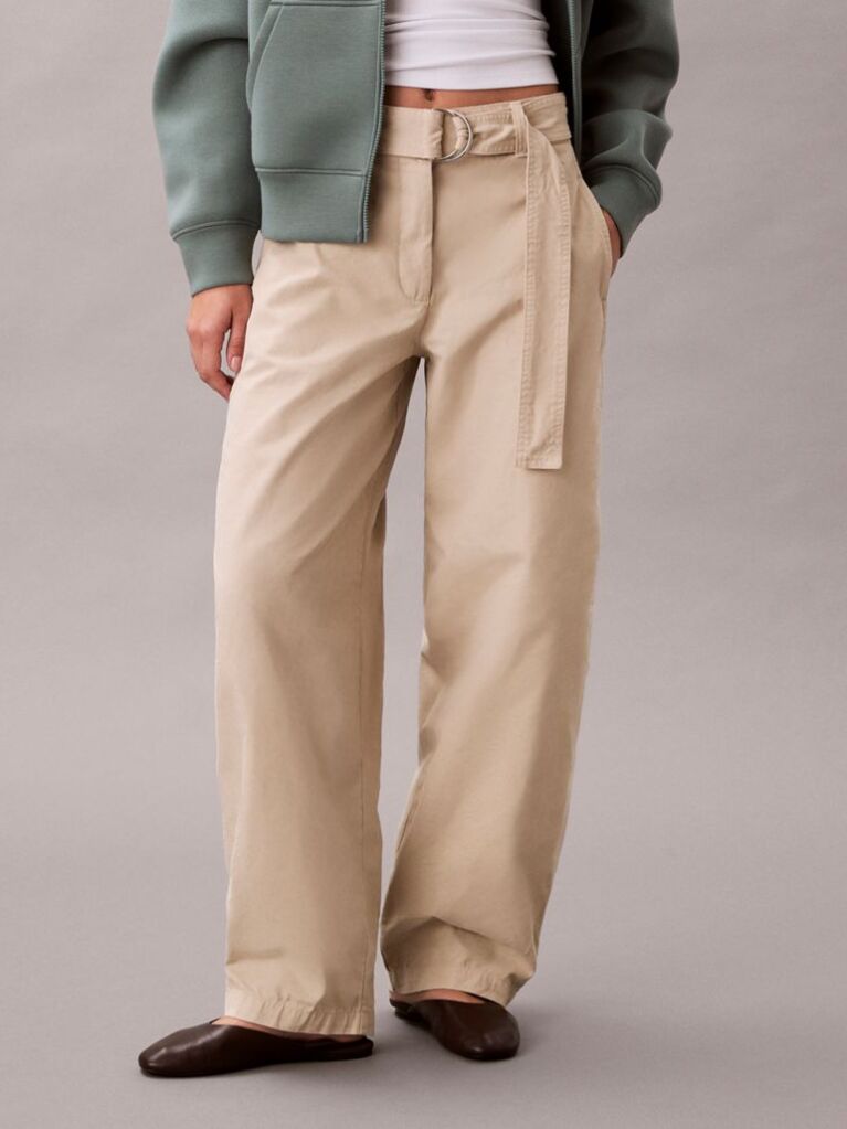 Beige Cotton Relaxed Belted Pants  Women