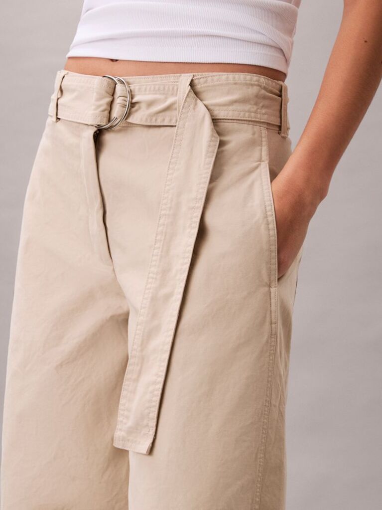 Beige Cotton Relaxed Belted Pants  Women