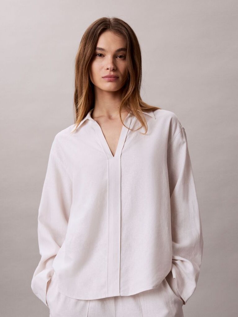 White Linen Blend Tunic Shirt  Women