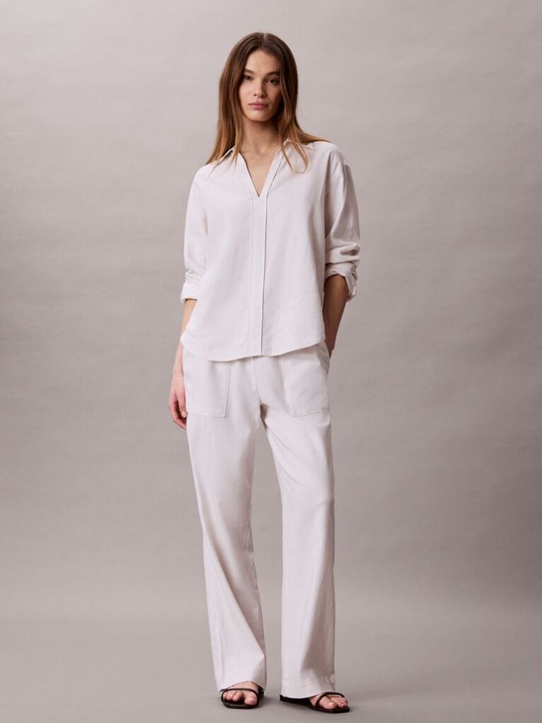 White Linen Blend Tunic Shirt  Women