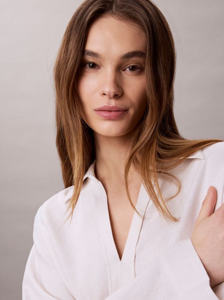 White Linen Blend Tunic Shirt  Women