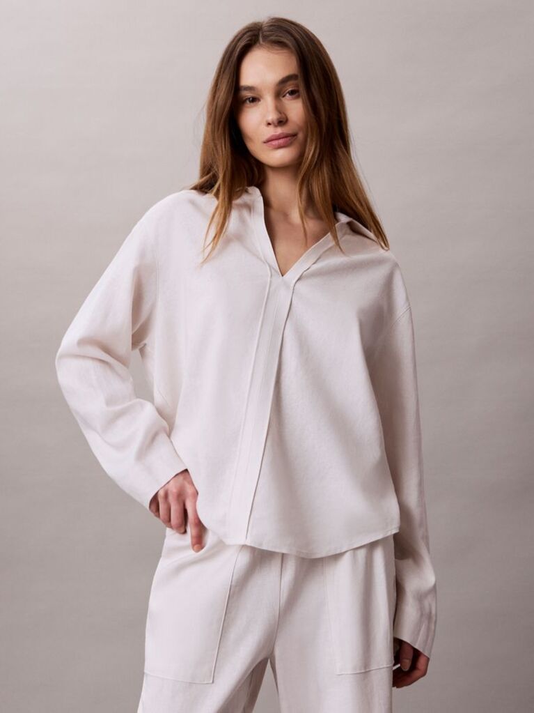 White Linen Blend Tunic Shirt  Women