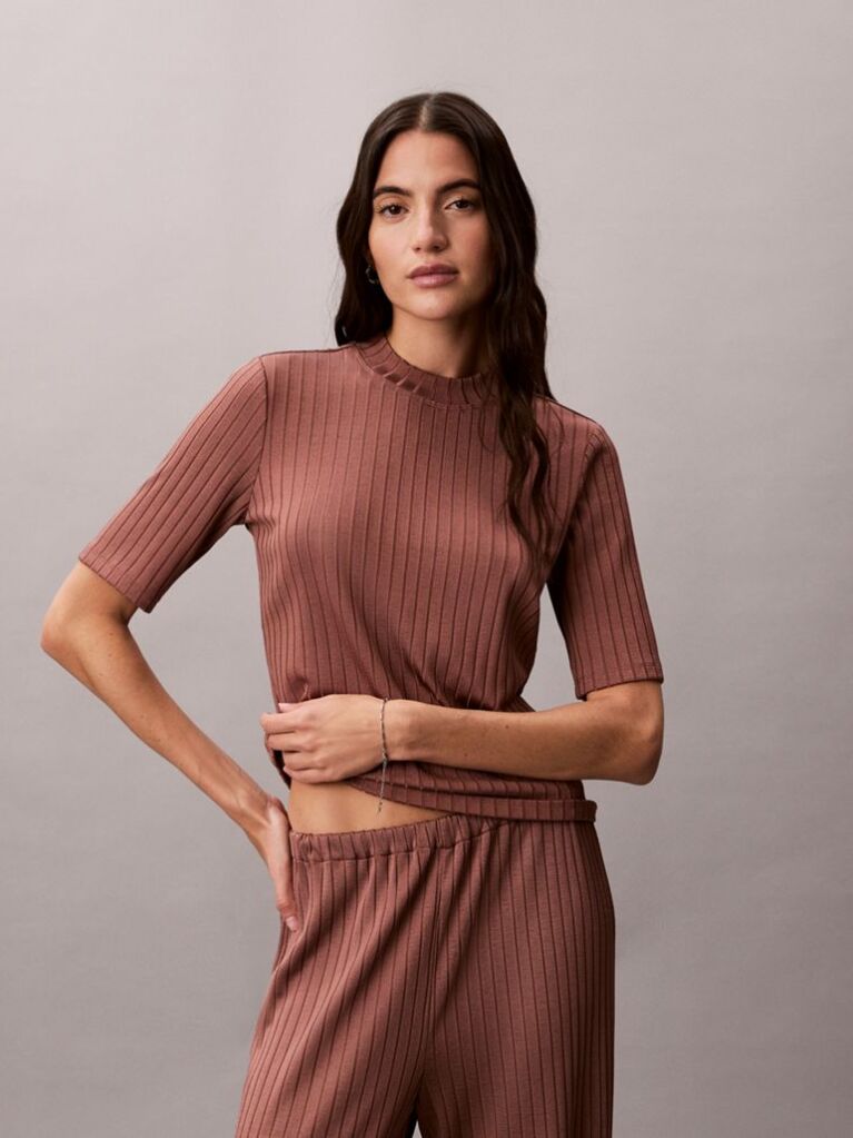 Brown Shiny Ribbed Mock Neck Top  Women
