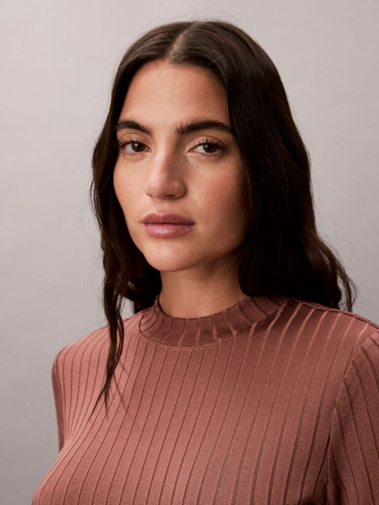 Brown Shiny Ribbed Mock Neck Top  Women