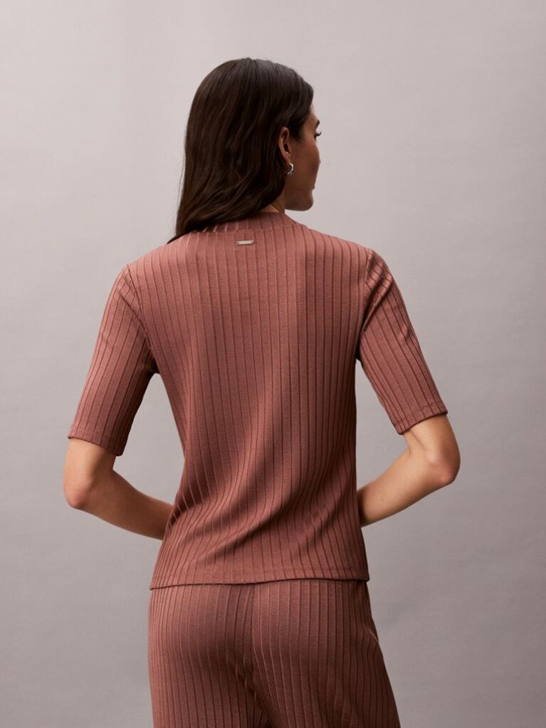 Brown Shiny Ribbed Mock Neck Top  Women