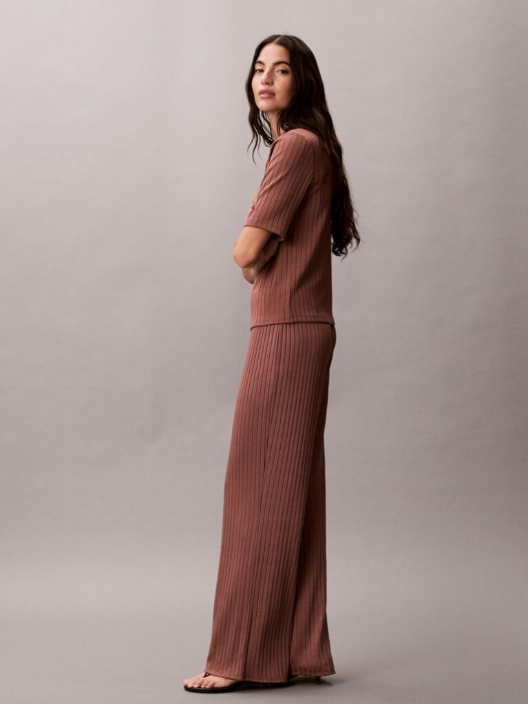 Brown Shiny Ribbed Mock Neck Top  Women