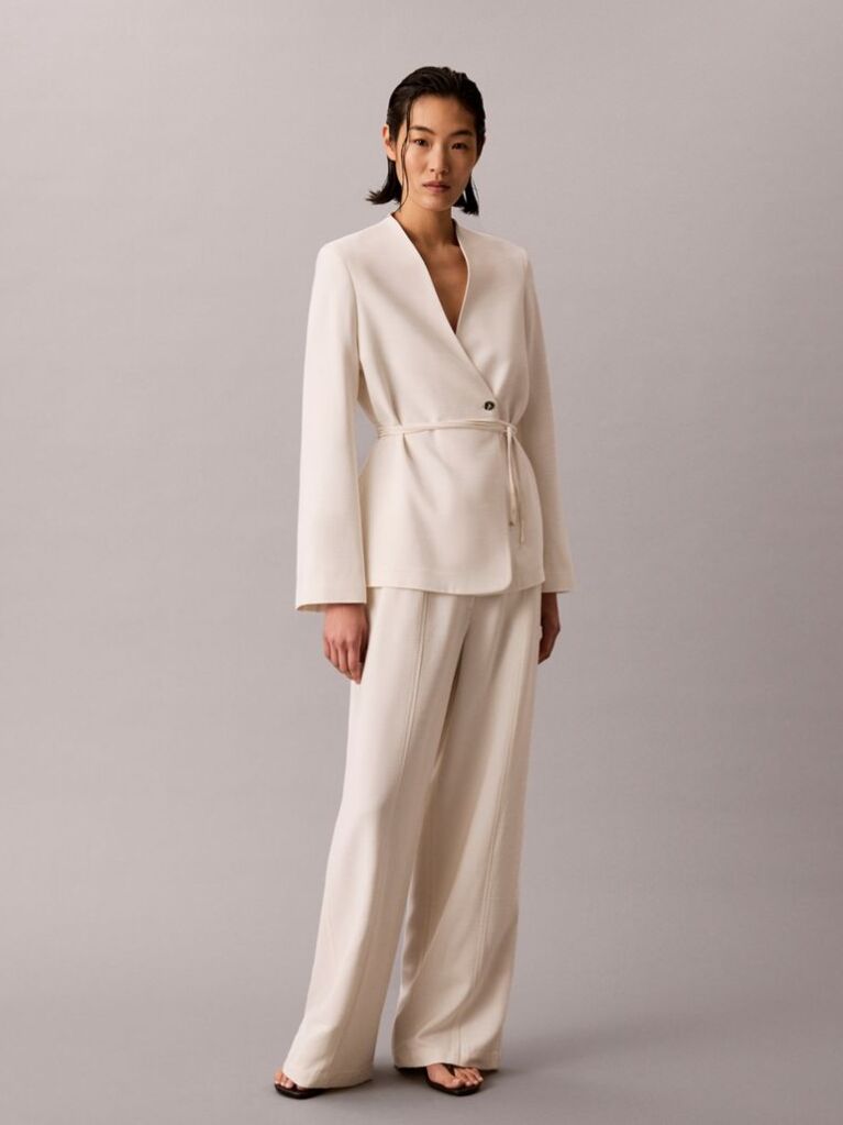 White Textured Shine Blazer  Women