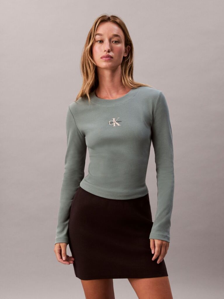 Green Monogram Logo Long Sleeve Baby Tee  Women