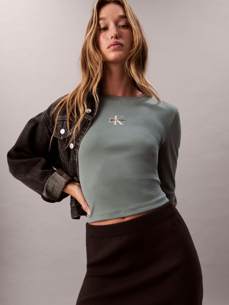 Green Monogram Logo Long Sleeve Baby Tee  Women
