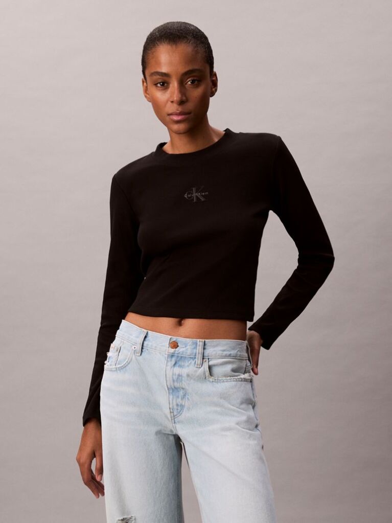 Black Monogram Logo Long Sleeve Baby Tee  Women