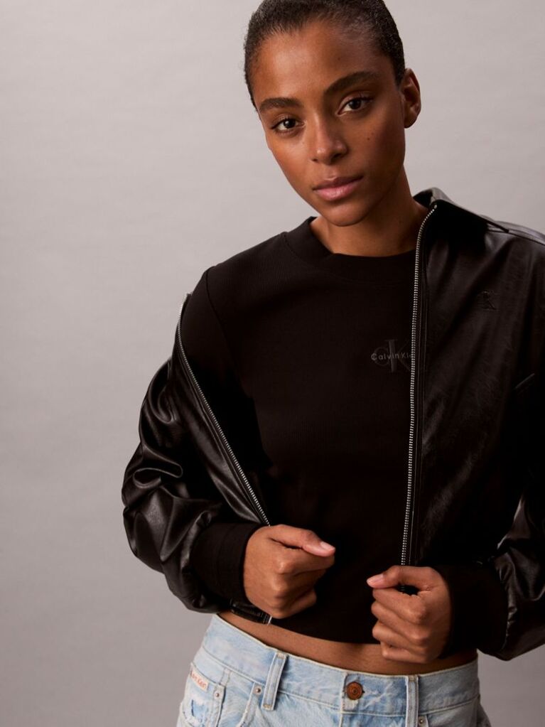 Black Monogram Logo Long Sleeve Baby Tee  Women