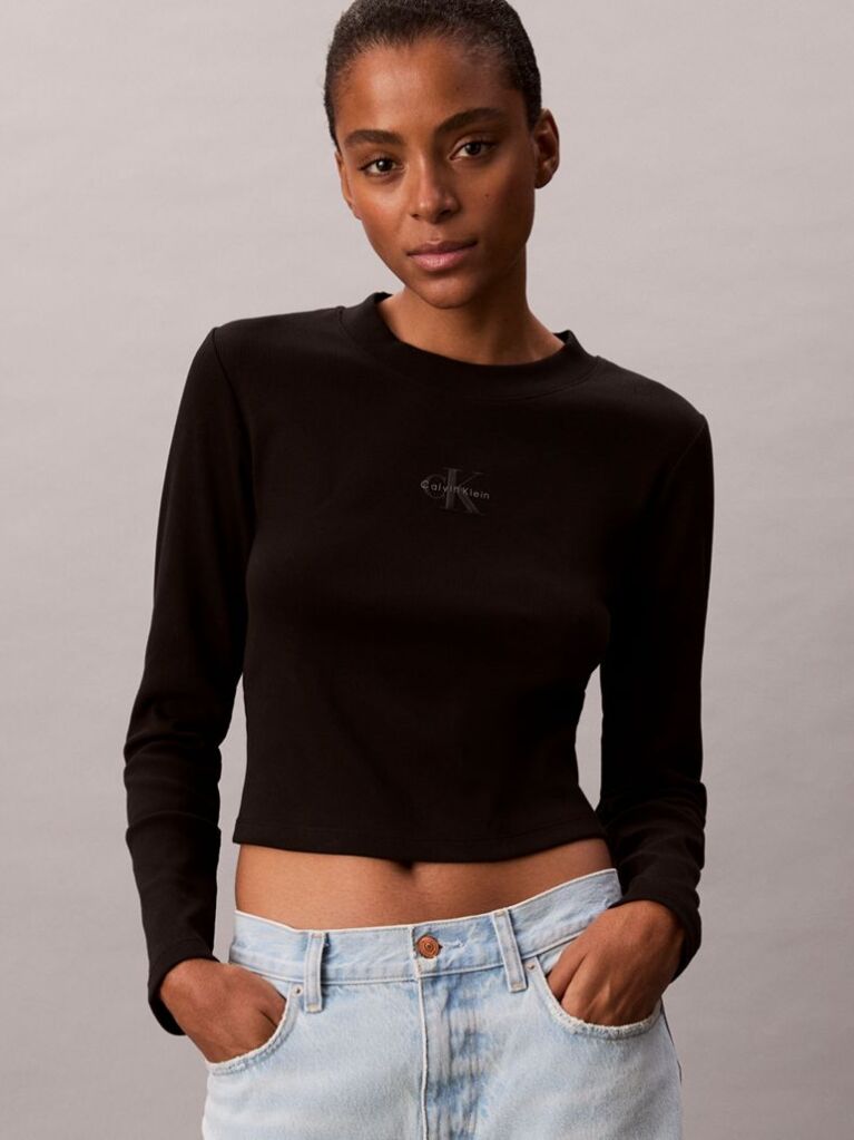 Black Monogram Logo Long Sleeve Baby Tee  Women