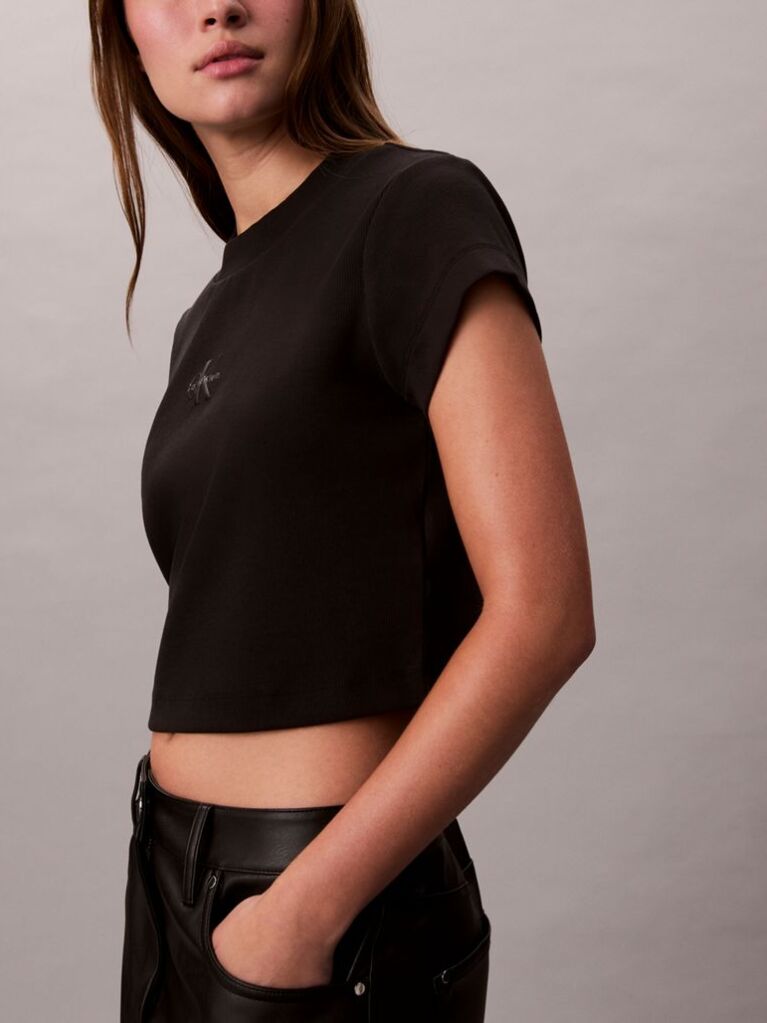 Black Slim Cropped Monogram T-shirt  Women