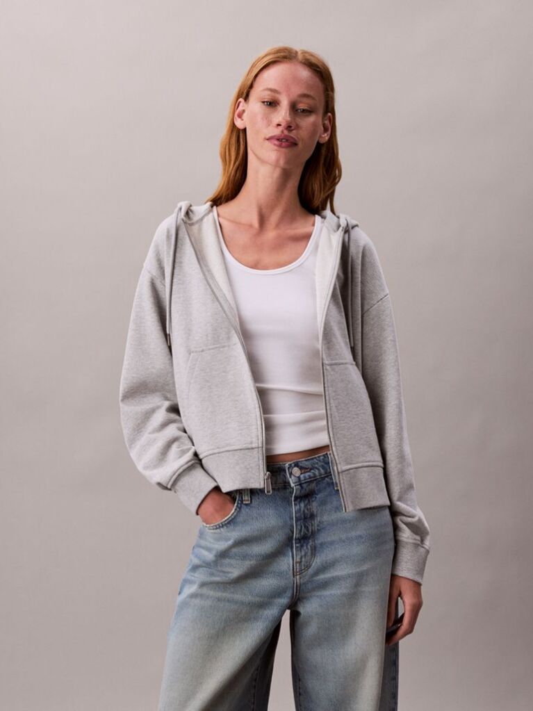 Grey Cotton Terry Zip Up Hoodie  Women
