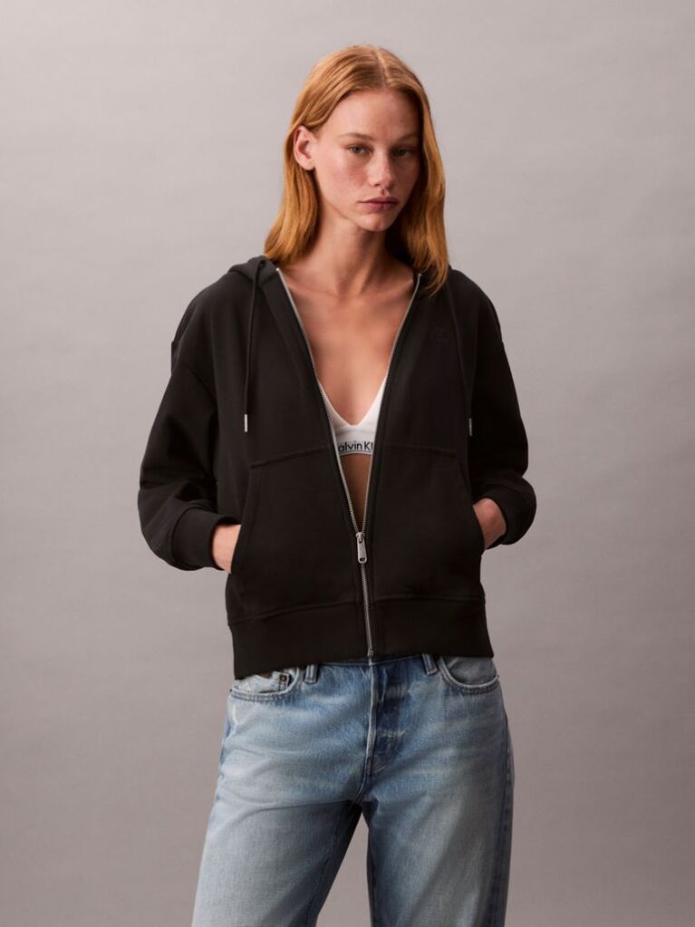 Black Cotton Terry Zip Up Hoodie  Women