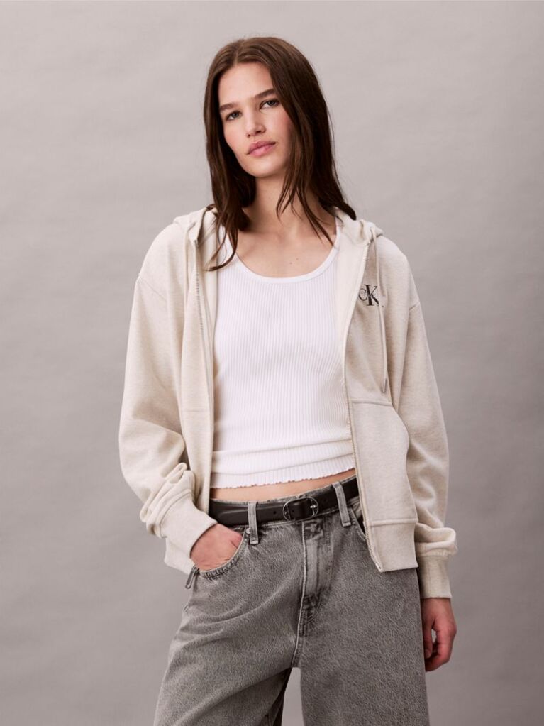 Beige Monogram Logo Zip Hoodie  Women