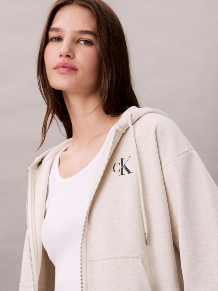 Beige Monogram Logo Zip Hoodie  Women