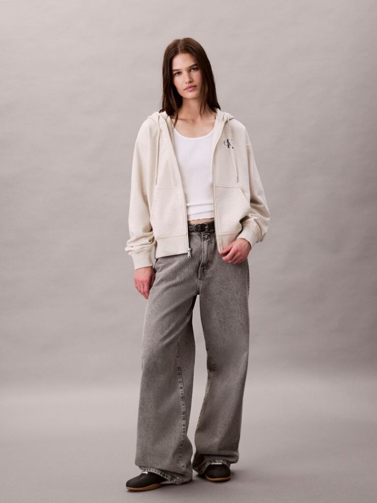 Beige Monogram Logo Zip Hoodie  Women