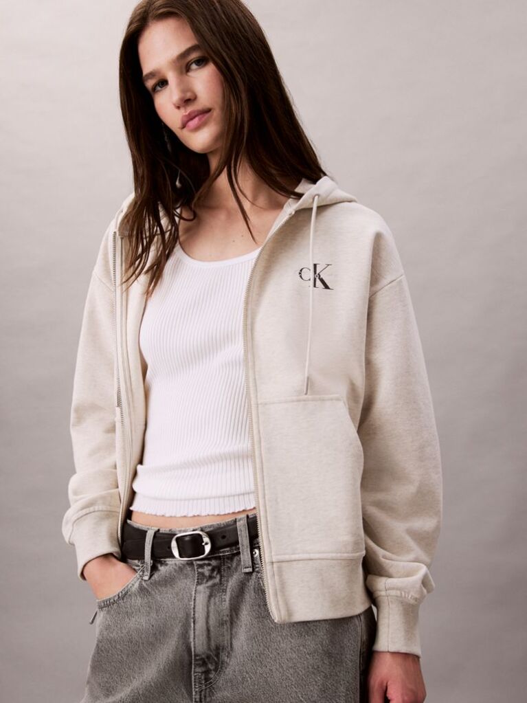 Beige Monogram Logo Zip Hoodie  Women
