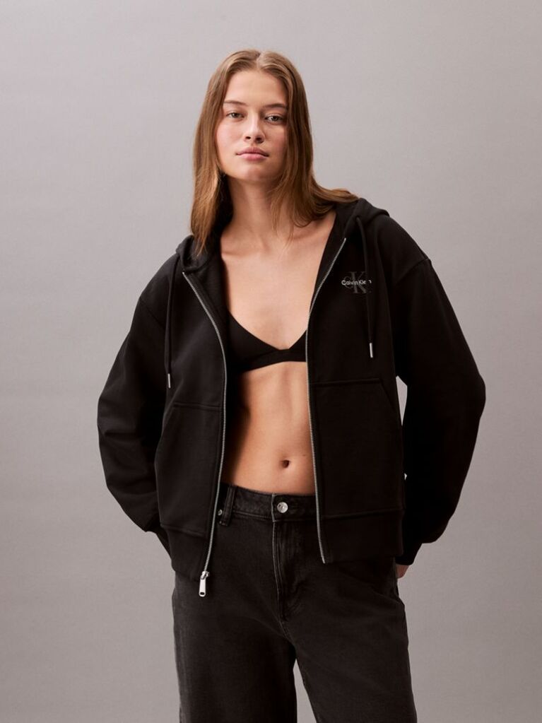 Black Monogram Logo Zip Hoodie  Women