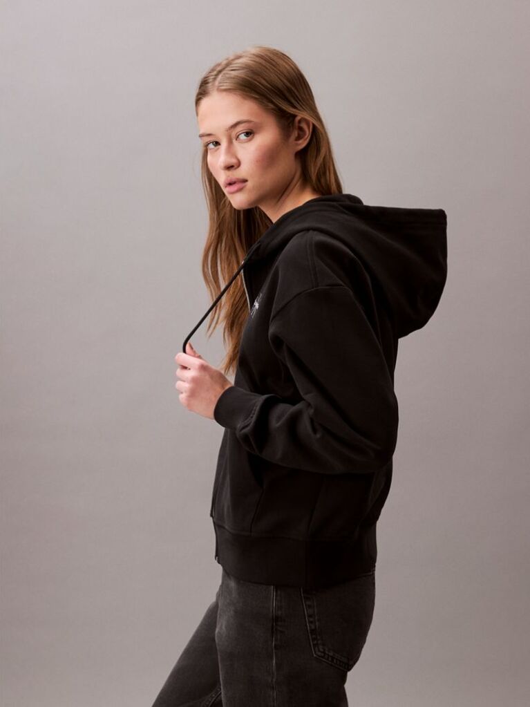 Black Monogram Logo Zip Hoodie  Women