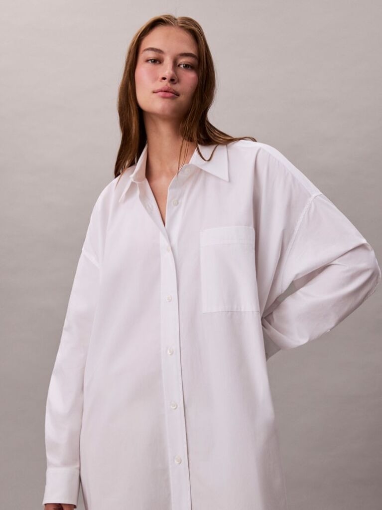 White Oversized Cotton Mini Shirt Dress  Women