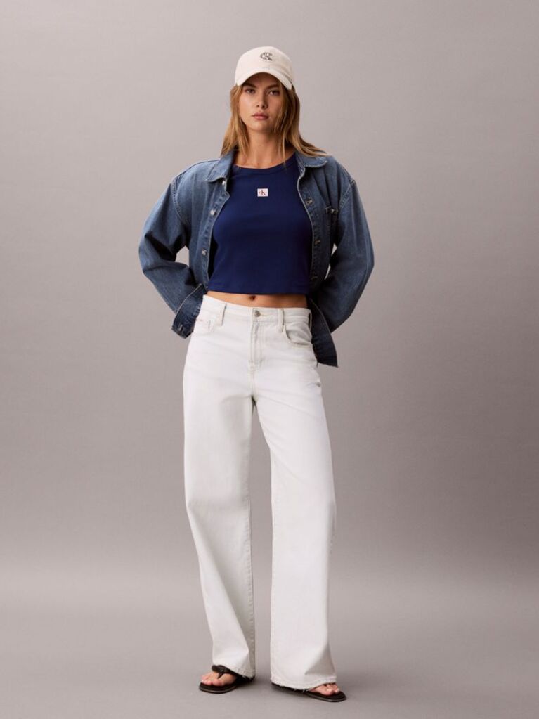 Blue Slim Ribbed Cotton Badge T-shirt  Women
