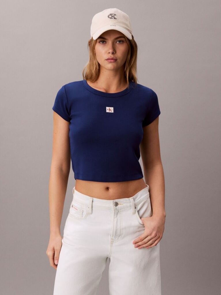 Blue Slim Ribbed Cotton Badge T-shirt  Women