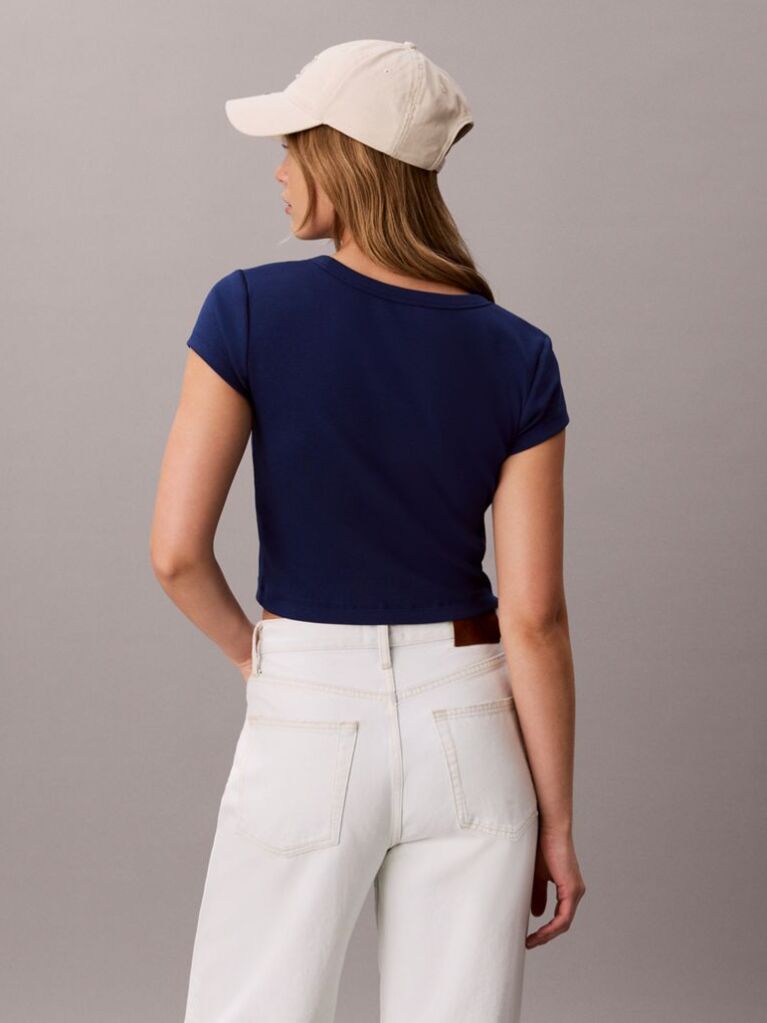 Blue Slim Ribbed Cotton Badge T-shirt  Women