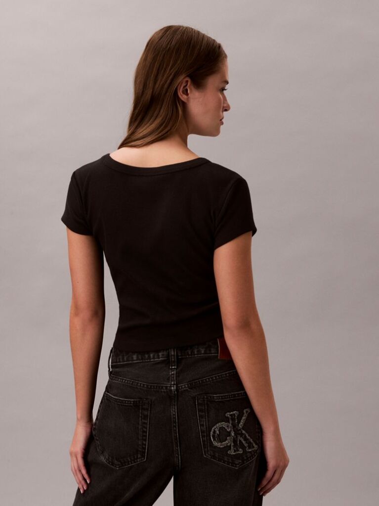 Μαύρο T-Shirt Σε Slim Γραμμή Και Βαμβακερό Ριμπ  Γυναίκα