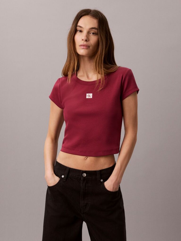 Red Slim Ribbed Cotton Badge T-shirt  Women