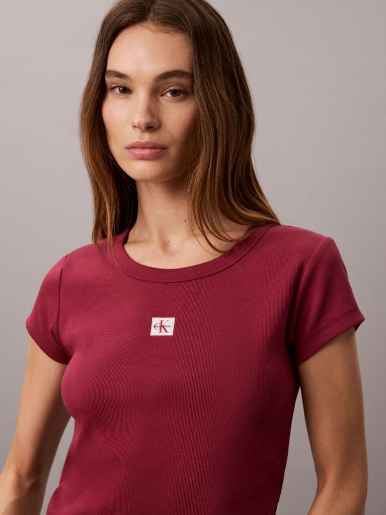 Red Slim Ribbed Cotton Badge T-shirt  Women