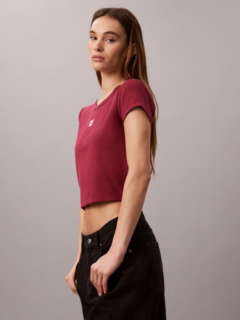Red Slim Ribbed Cotton Badge T-shirt  Women