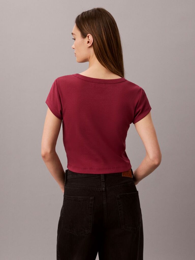 Red Slim Ribbed Cotton Badge T-shirt  Women