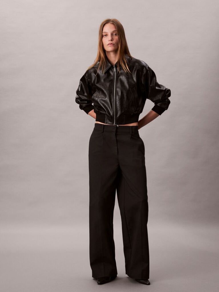 Black Faux Leather Cropped Bomber Jacket  Women