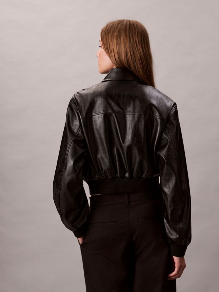 Black Faux Leather Cropped Bomber Jacket  Women