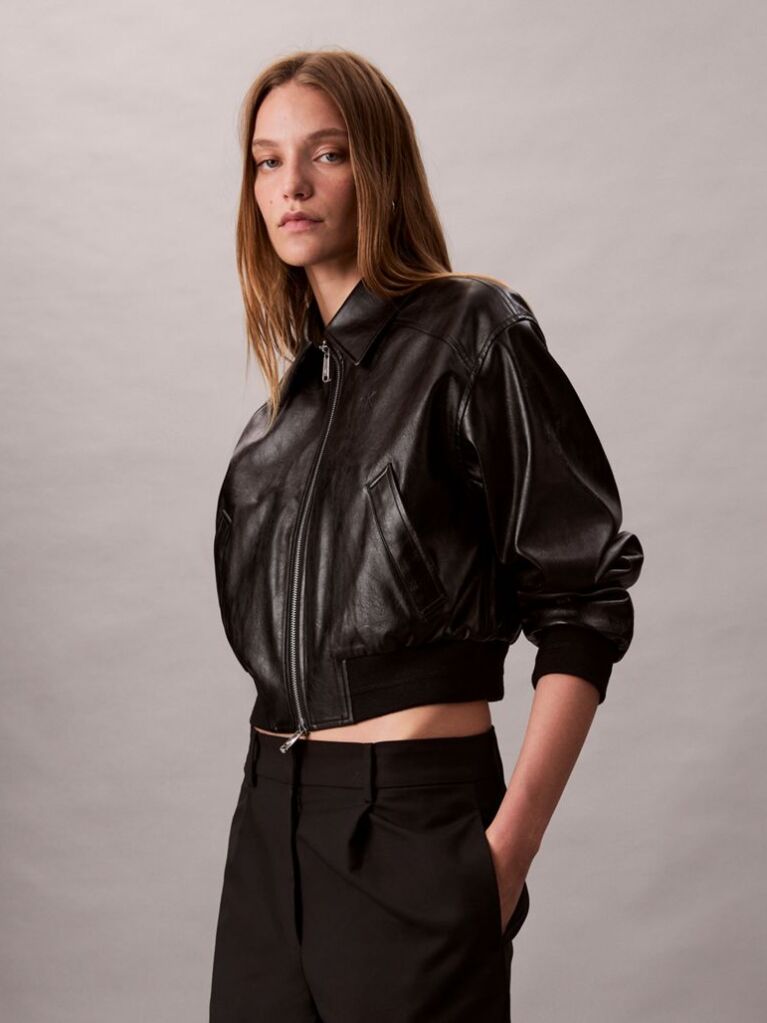 Black Faux Leather Cropped Bomber Jacket  Women