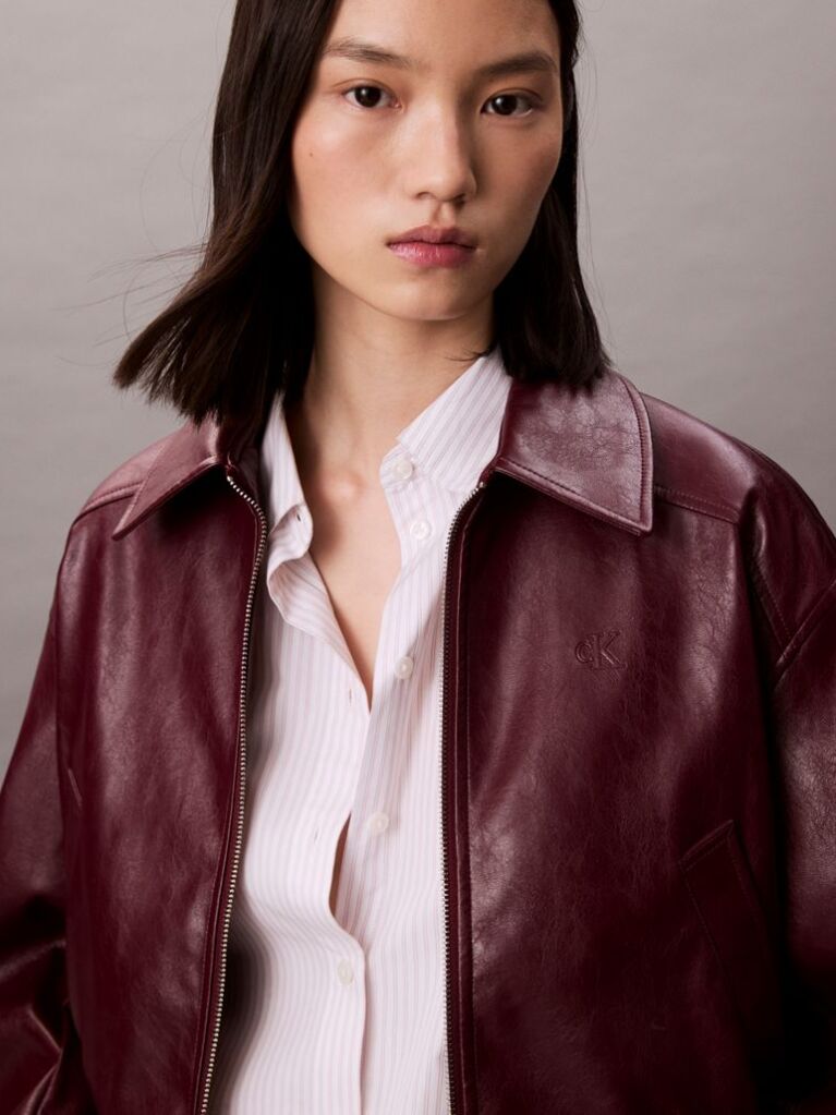 Red Faux Leather Cropped Bomber Jacket  Women