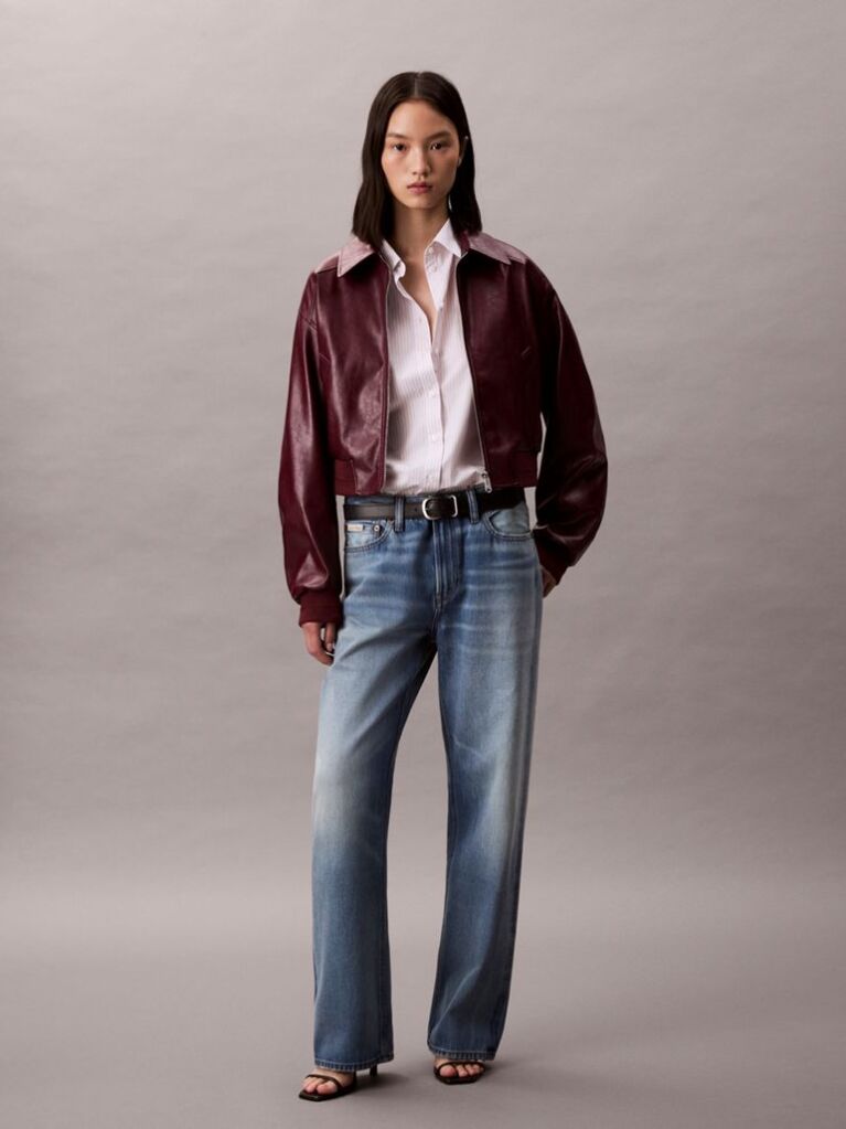 Red Faux Leather Cropped Bomber Jacket  Women