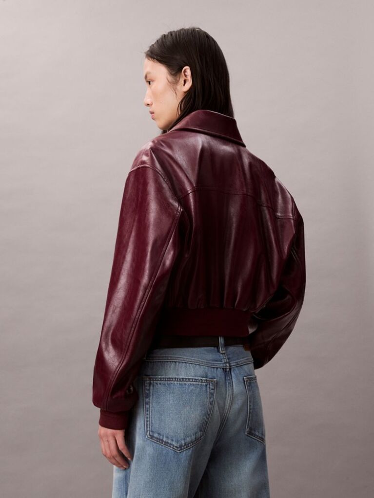 Red Faux Leather Cropped Bomber Jacket  Women