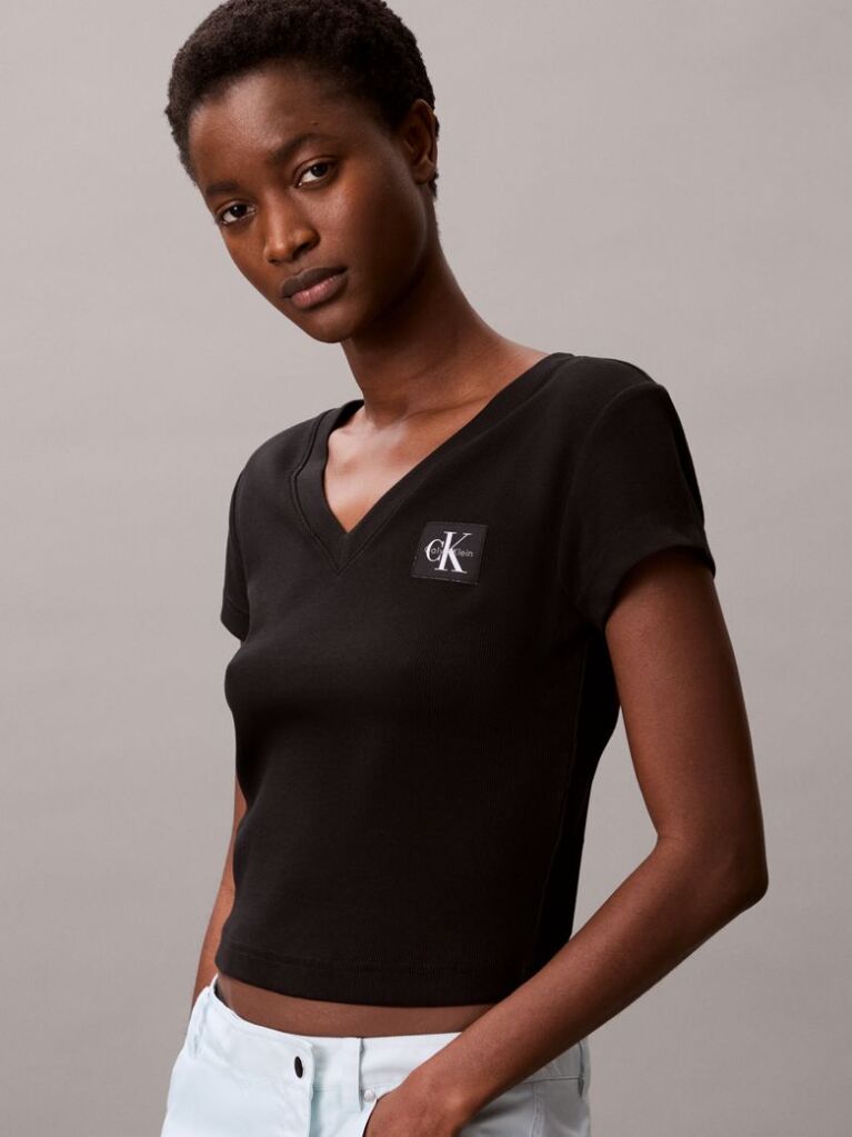 Μαύρο Ριμπ Βαμβακερό T-shirt Με V Λαιμόκοψη  Γυναίκα
