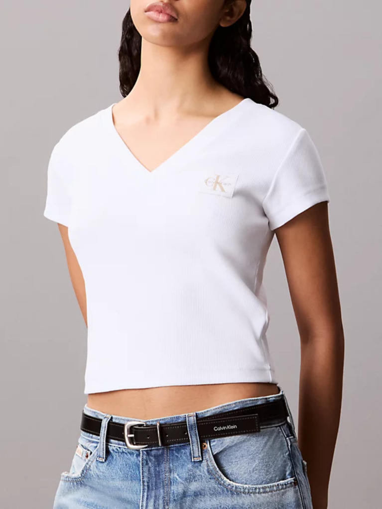 Λευκό Ριμπ Βαμβακερό T-shirt Με V Λαιμόκοψη  Γυναίκα